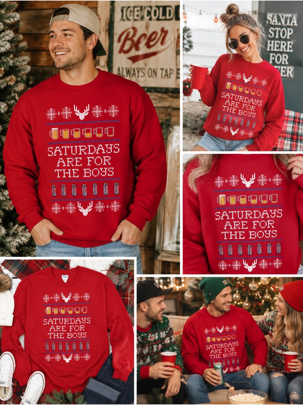 Port & Company Sweatshirt Large Red Saturdays Are For The Boys Ugly Christmas